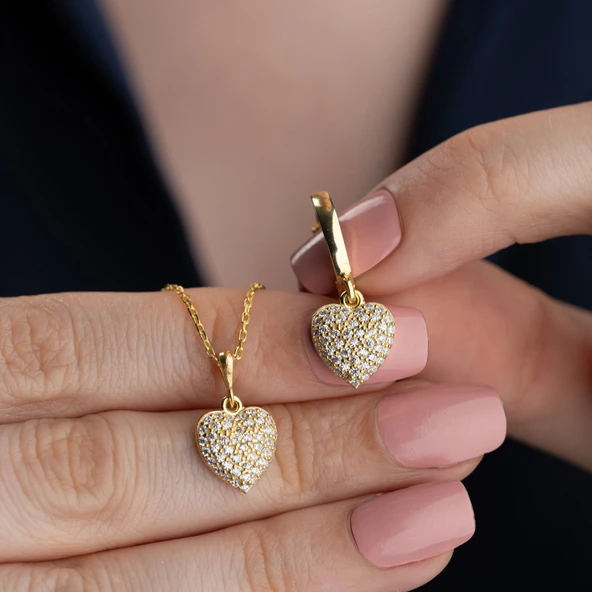 Vaoov 925 Ayar Gümüş 2li Taşlı Kalp Set - Resim 3