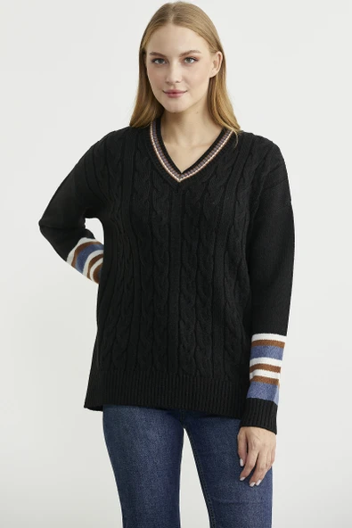V Yaka Saç Örgülü Triko Kazak - Siyah - Resim 2
