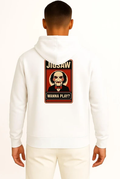 Kapüşonlu Jigsaw Wanna Play Cep ve Sırt Tasarımlı Unisex Sweatshirt - Resim 11