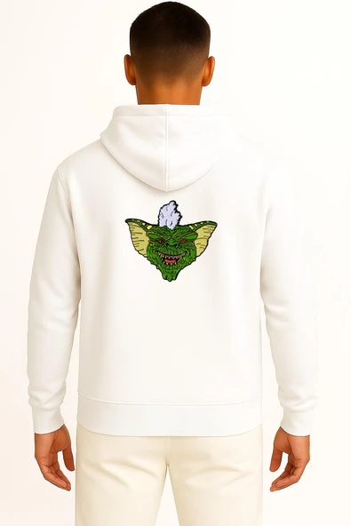 Kapüşonlu Stripe Gizmo Lapel Pin Mogwai Gremlin Cep ve Sırt Tasarımlı Unisex Sweatshirt - Resim 5