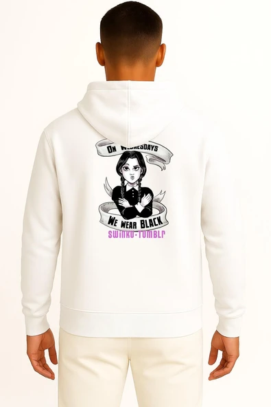 Kapüşonlu Wednesday Addams The Addams Family Sticker Cep ve Sırt Tasarımlı Unisex Sweatshirt - Resim 5