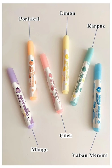 Meyve Kokulu Fosforlu Kalem 1 Paket 6 Renk Meyve Kokulu İşaret Kalemi 6 lı Fosforlu Kalem - 3