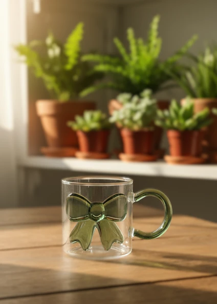 Lebron Borosilikat Cam Kupa – Kurdelalı Şeffaf Kahve & Çay Bardağı Yeşil ürün görseli 1