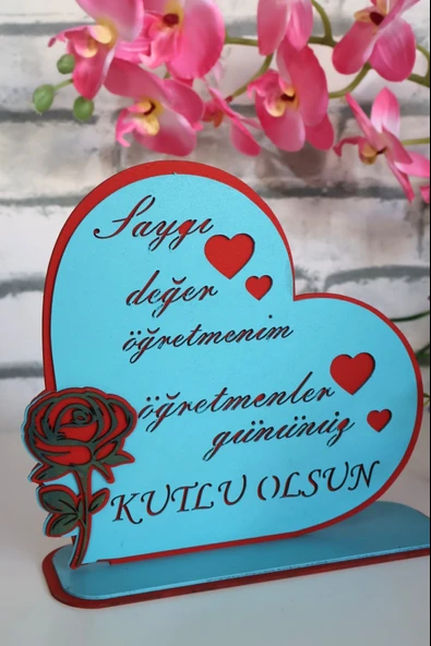 Öğretmenler Gününe Özel Masaüstü Tablo Ahşap "Saygı Değer" Gül Detaylı Dekor - Resim 3