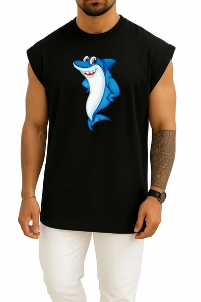 Oversize Great White Shark Bull Shark Göğüs Tasarımlı Atlet - Resim 11