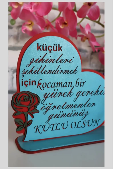Öğretmenler Gününe Hediye Masaüstü Tablo "Kocaman bir Yürek" Ahşap Dekoru - Resim 2