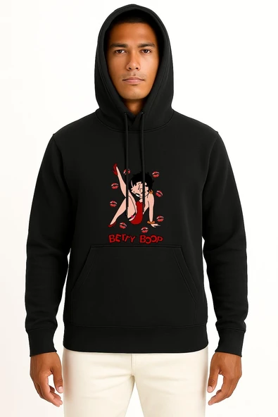 Kapüşonlu Betty Boop Göğüs Tasarımlı Unisex Sweatshirt - Resim 11