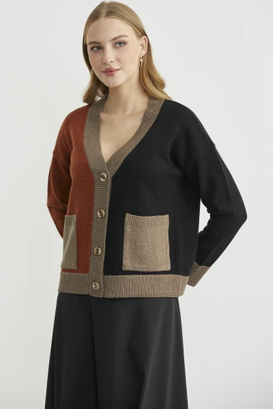 Renk Geçişli Oversize Yünlü Triko Hırka - Siyah - Resim 3