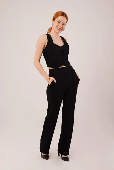 Kalın Askılı Düğmeli Yelek Ve Pantolon Siyah Takım - Resim 4