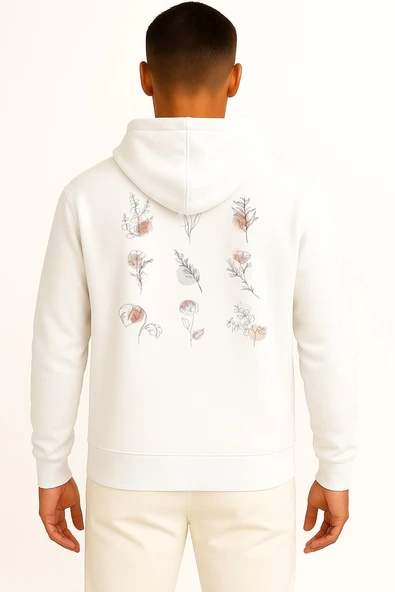 Kapüşonlu Flowers Line Art Botanical Watercolor Göğüs ve Sırt Tasarımlı Unisex Sweatshirt - Resim 11
