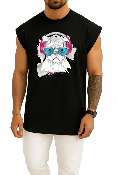 Oversize Funny Dog With Eyeglasses And Headphones Göğüs Tasarımlı Atlet - Resim 9