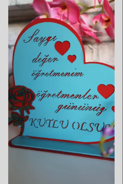 Öğretmenler Gününe Özel Masaüstü Tablo Ahşap "Saygı Değer" Gül Detaylı Dekor - Resim 4