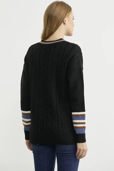V Yaka Saç Örgülü Triko Kazak - Siyah - Resim 6