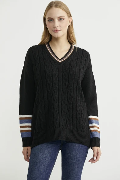 V Yaka Saç Örgülü Triko Kazak - Siyah - Resim 3