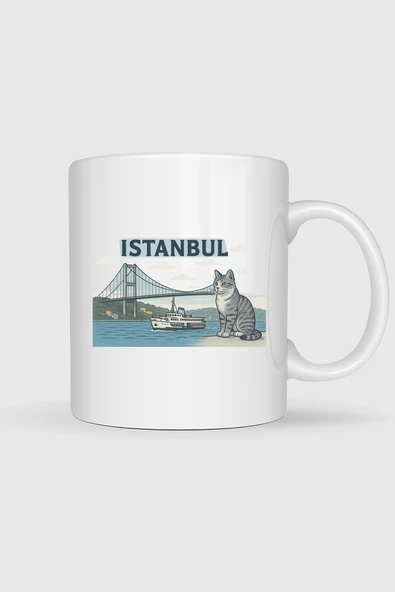 İstanbul - Kedi Ve Boğaz Köprüsü Tasarımlı Kupa Bardak ürün görseli