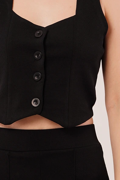 Kalın Askılı Düğmeli Yelek Ve Pantolon Siyah Takım - Resim 3