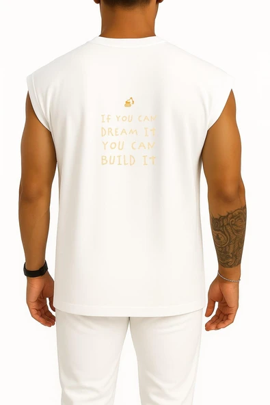 Oversize İf You Can Dream İt You Can Build İt Cep ve Sırt Tasarımlı Atlet - Resim 5