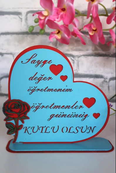 Öğretmenler Gününe Özel Masaüstü Tablo Ahşap "Saygı Değer" Gül Detaylı Dekor - Resim 2