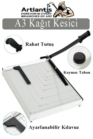 Giyotin Kağıt Kesme Makinesi A3 Metal Kollu Tablalı A5-A4-A3 Ayarlanabilir Sürgülü Paslanmaz Kaliteli