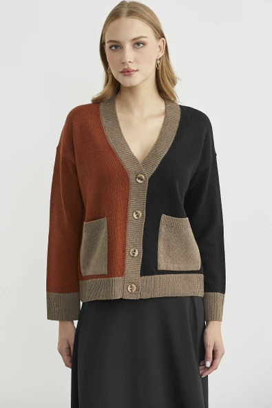 Renk Geçişli Oversize Yünlü Triko Hırka - Siyah - Resim 2