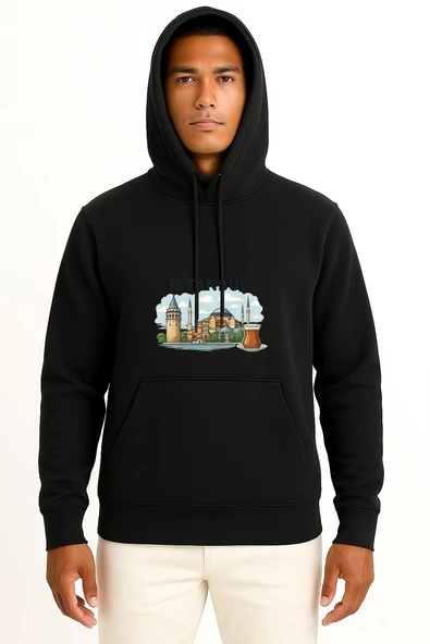 Kapüşonlu İstanbul - Ayasofya Camii Ve Çay Göğüs Tasarımlı Unisex Sweatshirt - 9