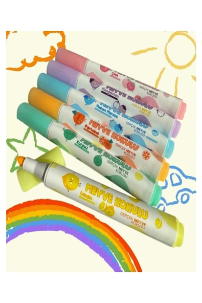 Meyve Kokulu Fosforlu Kalem 1 Paket 6 Renk Meyve Kokulu İşaret Kalemi 6 lı Fosforlu Kalem - 5