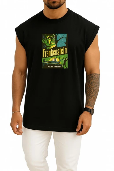 Oversize Frankenstein Mary Shelley Hallowen Göğüs Tasarımlı Atlet - Resim 9