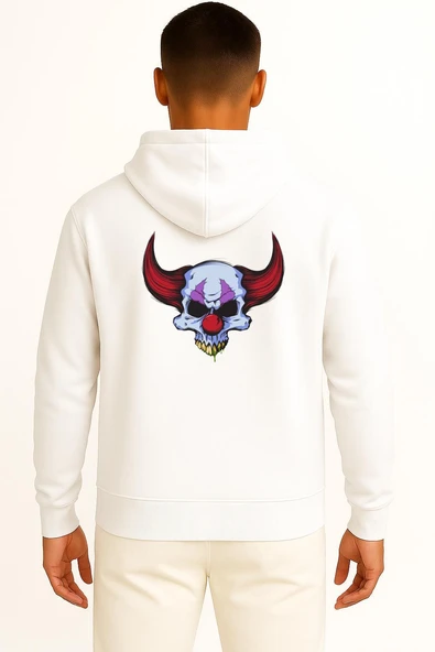 Kapüşonlu Boynuzlu Kuru Kafa Cep ve Sırt Tasarımlı Unisex Sweatshirt - Resim 8