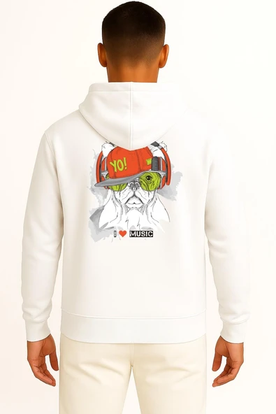 Kapüşonlu Funny Dog With Hat And Headphones Cep ve Sırt Tasarımlı Unisex Sweatshirt - Resim 2
