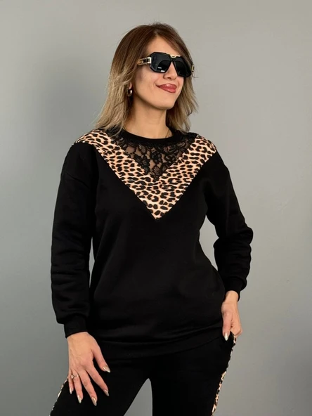 Kadın üç Iplik Kumaş Leopar Desenli Dantel Detaylı Ikili Takım - Resim 6