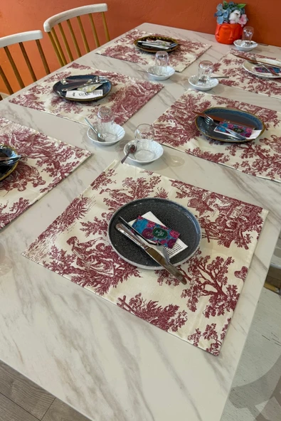 Toile de Jouy | %100 Pamuk 6’lı Amerikan Servis Seti 37x42 cm - ZT300 Kırmızı - 3