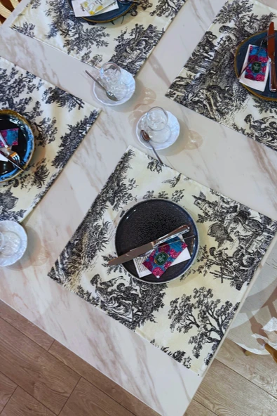 Toile de Jouy | %100 Pamuk 6’lı Amerikan Servis Seti 37x42 cm - ZT300  siyah - 4