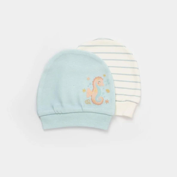 Save The Seahorse 2'Li Bebek Şapka 72231 Bej-Mint ürün görseli