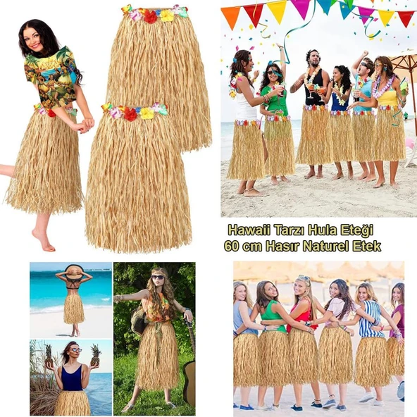 Hawaii Tarzı Hula Eteği – 60 cm Hasır Naturel Etek - Resim 2