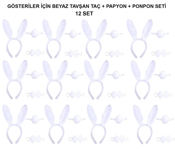 Beyaz Tavşan Kostüm Seti – Taç, Papyon, Kuyruk (12’li Paket) - Resim 2