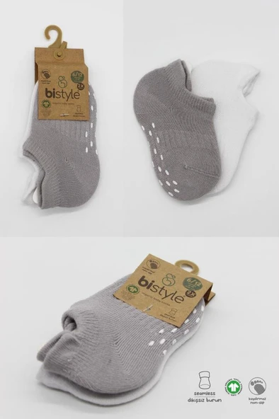 NessiWorld 2'Li Sneakers Kaymaz Colours Penye Çorap BS20104 Gri Beyaz - Resim 5