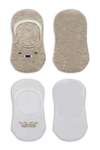 NessiWorld 2'Li Babet Cute Face Penye Çorap BS30103 Bej Beyaz - Resim 4