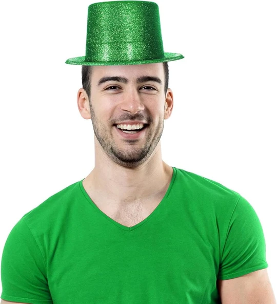 Yeşil Renk Parıltılı Simli Fötr Silindir Parti Şapkası ürün görseli