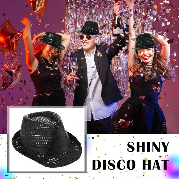 Disko Star Siyah Payetli Fötr Şapka Yetişkin Boy - Resim 2