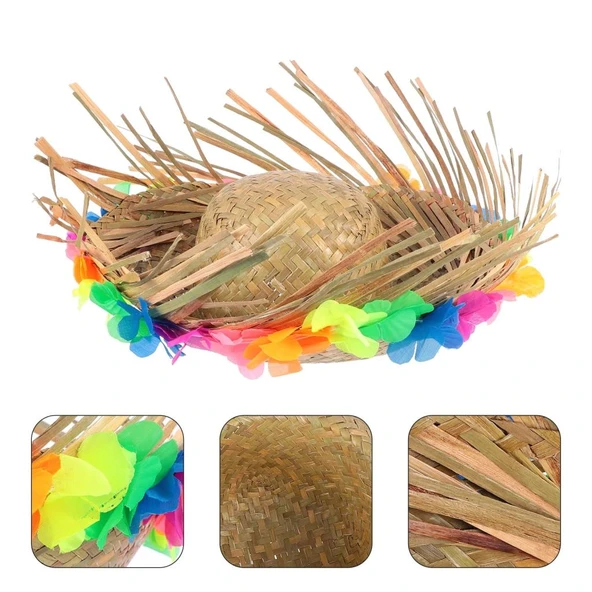 Naturel Renk Püsküllü Örme Hasır Hawaii Luau Aloha Şapka 13x36 cm - Resim 3