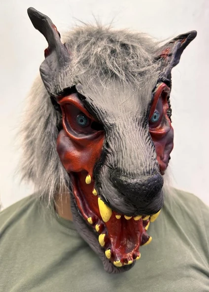 Kafaya Tam Geçmeli LateNessiWorld Dişli Ağzı Açık Kurt Maskesi ürün görseli