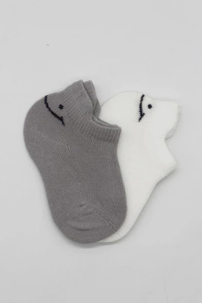 NessiWorld 2'Li Sneakers Smile Penye Çorap BS20106 Gri Ekru - Resim 4