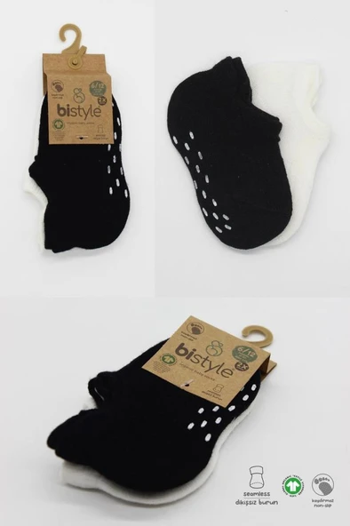 NessiWorld 2'Li Sneakers Kaymaz Basic Penye Çorap BS20103 Siyah Ekru - Resim 5