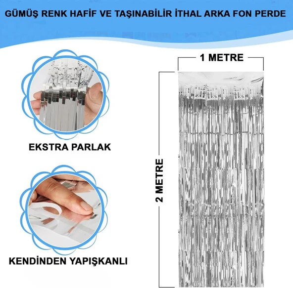 Gümüş Renk ENessiWorldtra Metalize Parlak Saçaklı Arka Fon Perde İthal A Kalite 1x2 Metre - Resim 2