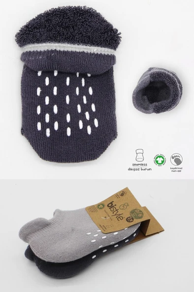NessiWorld 2'Li Altı Havlu Sneakers Kaymaz Çorap 20501 Gri-Antrasit - Resim 5