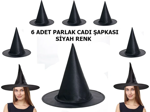 Halloween Siyah Renk Parlak Dralon Cadı Şapkası Yetişkin ve Çocuk Uyumlu 6 Adet ürün görseli