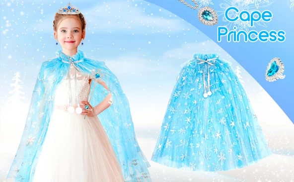 Karlar Ülkesi Elsa Frozen Mavi Pelerin – 80 cm Kar Desenli Çocuk Pelerini ( Taç Hariç ) - Resim 4