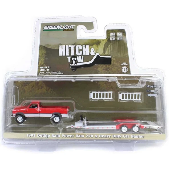 Greenlight 1/64 Hitch & Tow Series 31 - 1991 Dodge Ram Power Ram 250 with Heavy Duty Car Hauler - Resim 2