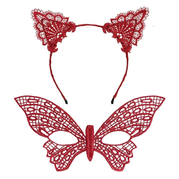 Gösterişli Kırmızı Dantel Maske ve Taç Seti 7 No – Masquerade ve Davetler için ürün görseli