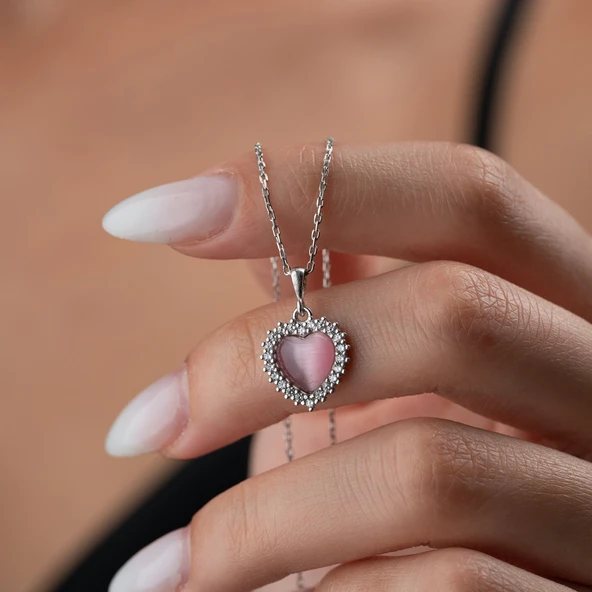 925 Ayar Gümüş Taşlı Bombeli Kedi Pembe Gözü Kalp Kolye - Resim 3